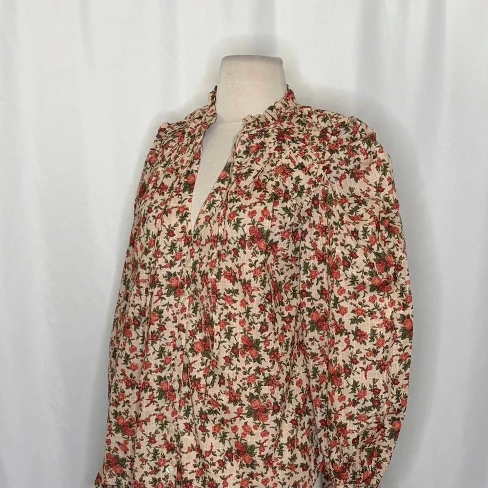 FREE PEOPLE Meant To‎ Be Blouse Floral Vintage Combo Ruffled Smocked Small